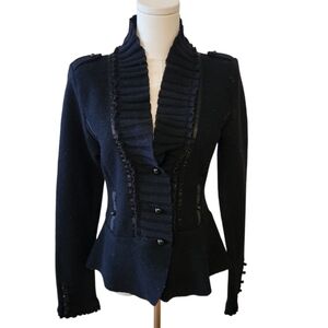 WHBM Black Ruffled Collar Wool Cardigan Sweater Size Medium